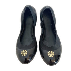 Like New Tory Burch Jolie Cap Toe Ballet Flat Black Leather Gold Emblem Size 10